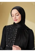 İSTANBULSTYLEMODA Janjan Trend Parlak Saten Dokulu Abiye Şifon Siyah Işıl Şal 185 X 70 thumbnail 3