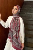 FLORA TEKSTİL Retro Desen Pamuk Şal Bordo thumbnail 1