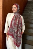 FLORA TEKSTİL Retro Desen Pamuk Şal Bordo thumbnail 2