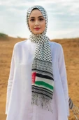 İSTANBULSTYLEMODA Filistin Puşi Desen Uzun Saçaklı Paşmina Şal - Çok Renkli FLR24315 thumbnail 1