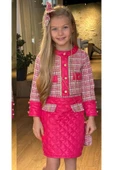 Kız Çocuk Kapitone ve Altın Şerit Detaylı Şanel Fuşya Etekli Takım thumbnail 2
