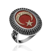 Gümüş Göktürkçe alfabesi Yazılı Ay Yıldız Bayan Yüzük thumbnail 1