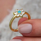 Gümüş Mavi Taşlı Gold Çiçek Kadın Yüzük thumbnail 3