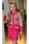 Kız Çocuk Kapitone ve Altın Şerit Detaylı Şanel Fuşya Etekli Takım thumbnail 3
