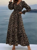 MDB Kadın Uzun Kollu Kruvaze Yaka Leopar Desenli Uzun Süprem Elbise thumbnail 1
