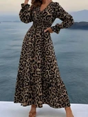 MDB Kadın Uzun Kollu Kruvaze Yaka Leopar Desenli Uzun Süprem Elbise thumbnail 3