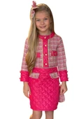 Kız Çocuk Kapitone ve Altın Şerit Detaylı Şanel Fuşya Etekli Takım thumbnail 5