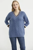 V Yaka Saç Örgülü Triko Kazak - Indigo thumbnail 3