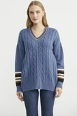 V Yaka Saç Örgülü Triko Kazak - Indigo thumbnail 4