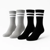 Erkek Spor Çorap 2’lü Set – Pamuklu, Esnek, Çizgili Model (Siyah Gri) thumbnail 1