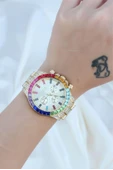 Clariss Trend Gold Metal Kordonlu Zirkon Taş Kaplama Renkli Taşlı Kasa Tasarımlı Lüx Kadın Kol Saati thumbnail 4