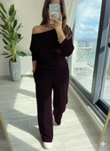 MDB Kadın Uzun Kollu Tek Omuzdan Açık Modal Bluz Ve Pantolon Ikili Mürdüm Takım thumbnail 2