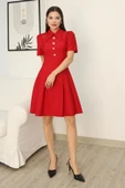 Omuz Tül Detaylı Gömlek Yaka Midi Elbise 2327-Kırmızı thumbnail 5