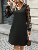 MDB Kadın Uzun Kollu V Yakalı Tüllü Kısa Ithal Krep Mini Elbise thumbnail 1