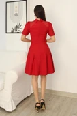 Omuz Tül Detaylı Gömlek Yaka Midi Elbise 2327-Kırmızı thumbnail 7