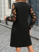 MDB Kadın Uzun Kollu V Yakalı Tüllü Kısa Ithal Krep Mini Elbise thumbnail 2