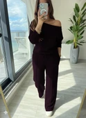 MDB Kadın Uzun Kollu Tek Omuzdan Açık Modal Bluz Ve Pantolon Ikili Mürdüm Takım thumbnail 1
