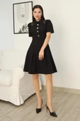 Omuz Tül Detaylı Gömlek Yaka Midi Elbise 2327-Siyah thumbnail 2
