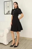 Omuz Tül Detaylı Gömlek Yaka Midi Elbise 2327-Siyah thumbnail 4