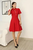 Omuz Tül Detaylı Gömlek Yaka Midi Elbise 2327-Kırmızı thumbnail 1