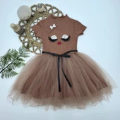 LitaeTrend 5-6-7 Yaş Payetli Süslü Yüz Baskılı Kız Çocuk Elbisesi Kahverengi thumbnail 1