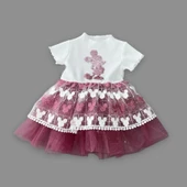 LitaeTrend 1-2-3 Yaş Payetli Mickey Baskılı Brode Etekli Kız Bebek Elbisesi Rose thumbnail 2