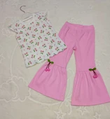 LitaeTrend 1-2-3-4 Yaş Kiraz Baskılı Tişört İspanyol Paçalı Likralı 2li Kız Çocuk Takımı Pembe thumbnail 1