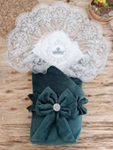 LitaeTrend Yenidoğan Saray Kadife Taç Nakışlı İnci Fiyonklu Dantel Duvak Trilüks Kundak Bebek Battaniye Yeşil thumbnail 1