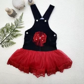 LitaeTrend 2-3-4 Yaş Fiyonklu Düğme Detaylı Tül Etek Kot Kumaş Salopet Kız Çocuk Elbisesi Siyah-kırmızı thumbnail 1