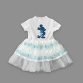 LitaeTrend 1-2-3 Yaş Payetli Mickey Baskılı Brode Etekli Kız Bebek Elbisesi Turkuaz thumbnail 2