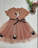 LitaeTrend 2-3-4 Yaş Puantiyeli Mickey Baskılı Kurdela Kuşaklı Astarlı Kız Bebek Tütü Elbisesi Kahverengi thumbnail 3