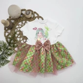 LitaeTrend 1-2-3 Yaş Denizkızı Baskılı Pul Desen Etekli Kız Bebek Elbisesi Ekru thumbnail 1