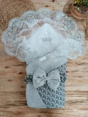 LitaeTrend Yenidoğan Ultralüks Piramit Desenli Güpürlü Bebek Battaniyesi Kundak Gümüş thumbnail 1