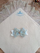 LitaeTrend Yenidoğan Kuzulu Taç Nakış Güpürlü Fiyonklu Duvaklı Prizma Taş Unisex Kundak Bebek Battaniyesi Mavi thumbnail 4