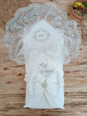 LitaeTrend Yenidoğan Pamuk Taç Benim Prensim Nakışlı Trilüks Kundak Bebek Battaniyesi Ekru thumbnail 1