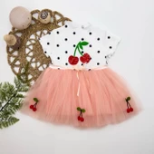 LitaeTrend 1-2-3 Yaş Payetli Kiraz Nakışlı Kiraz Etekli Kız Bebek Tütü Elbisesi Pudra thumbnail 1