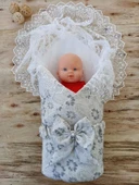 LitaeTrend Yenidoğan Gül Sedefli Duvaklı Taş Fiyonk Erkek Bebek Kumru Kundak Bebek Battaniyesi Lacivert thumbnail 3