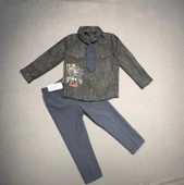 LitaeTrend 3-4-5 Yaş Kravatlı Keten Gömlek Gabardin Pantolon Uzun Kollu 3lü Erkek Çocuk Takımı Füme thumbnail 1