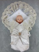 LitaeTrend Yenidoğan Saray Kadife Taç Nakışlı İnci Fiyonklu Çift Dantel Duvak Trilüks Kundak Bebek Battaniyesi Vizon-gol thumbnail 2