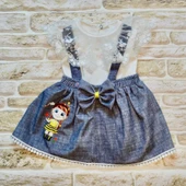 LitaeTrend 1-2-3 Yaş Bayan Arı Nakışlı Kot Desenli Etek Pamuklu Kumaş 2li Kız Bebek Salopet Takımı Lacivert thumbnail 2