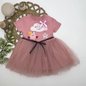 LitaeTrend 1-2-3 Yaş Tül Tokalı Bulut Civciv Ve Yıldız Nakışlı Kız Bebek Elbisesi Gül Kurusu thumbnail 1