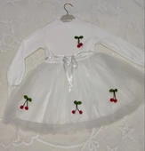 LitaeTrend 5-6-7 Yaş Kiraz Desenli Kurdela Kuşaklı Astarlı Uzun Kollu Kız Çocuk Tütü Elbise Beyaz thumbnail 2