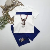 LitaeTrend 1-2-3 Yaş Fermuarlı Kedi Baskılı Şortlu Kısa Kollu Tişört 2li Erkek Bebek Takımı İndigo thumbnail 2