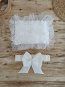 LitaeTrend Yenidoğan İzmir İncisi Tül İşlemeli Pamuklu Fiyonklu Kundaklı Lüks 3lü Alt Açma Seti Ekru thumbnail 6