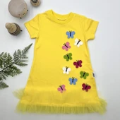 LitaeTrend 1-2-3 Yaş Renkli Kelebekler Nakışlı Eteği Fırfırlı Jile Çocuk Elbisesi Sarı thumbnail 1
