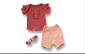 LitaeTrend 3-6 6-9 9-12 12-18 Ay Düğme Detaylı Bandanalı Kısa Kollu Sweat 3lü Kız Bebek Takımı Gül Kurusu thumbnail 1