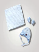 LitaeTrend Yenidoğan Baskılı Double Face Şapka Ve Patikli 3lü Bebek Battaniye Takımı Mavi thumbnail 1