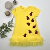 LitaeTrend 1-2-3 Yaş Uğur Böceği Nakışlı Fırfır Uçlu Kız Çocuk Jile Elbisesi Sarı thumbnail 1