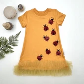 LitaeTrend 1-2-3 Yaş Uğur Böceği Nakışlı Fırfır Uçlu Kız Çocuk Jile Elbisesi Turuncu thumbnail 1