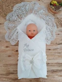 LitaeTrend Yenidoğan Pamuk Taç Benim Prensim Nakışlı Trilüks Kundak Bebek Battaniyesi Ekru thumbnail 2